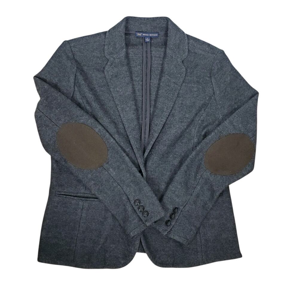 Brooks Brothers 346 Knit Wool Nylon Blazer Sz L Grey Elbow Patch Preppy 1 Button